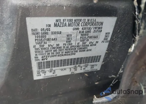 2002 Mazda Tribute Es V6/Lx V6 z USA, uszkodzony, nr VIN 4F2YU09182KM56290